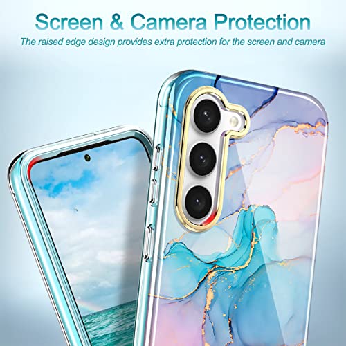 Turquiase for Samsung Galaxy S23 Case with 2pcs Tempered Screen Protector&1pcs Len Camera Protector, Lightweight and Stylish Full Body Shockproof Protective Rugged TPU Case, Blue Marble