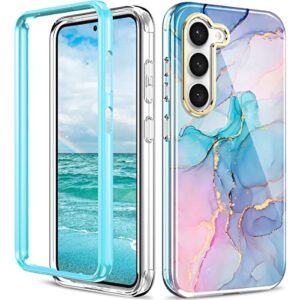 Turquiase for Samsung Galaxy S23 Case with 2pcs Tempered Screen Protector&1pcs Len Camera Protector, Lightweight and Stylish Full Body Shockproof Protective Rugged TPU Case, Blue Marble