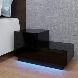 led nightstand with 2 drawers, bedside table with drawers for bedroom furniture, side bed table with led light (black)
