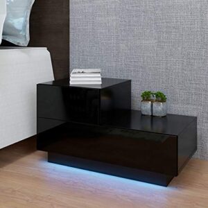 LED Nightstand with 2 Drawers, Bedside Table with Drawers for Bedroom Furniture, Side Bed Table with LED Light (Black)