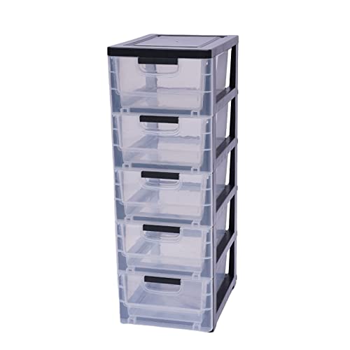 OUKANING Plastic 5 Drawers Storage Cabinet, Modern Transparent Tall Small Chest Closet Organizer Unit for Storing Clothes, Towels, Toys and Some Other Small Items