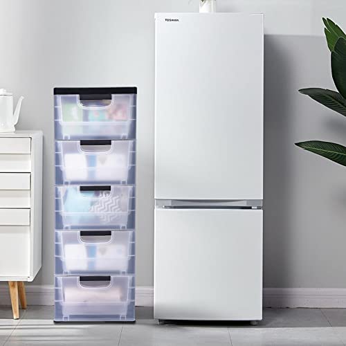 OUKANING Plastic 5 Drawers Storage Cabinet, Modern Transparent Tall Small Chest Closet Organizer Unit for Storing Clothes, Towels, Toys and Some Other Small Items