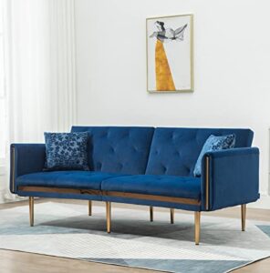 hbhm velvet sofa accent sofa, mid century modern loveseat velvet fabric couch, convertible futon sofa bed, recliner couch accent sofa loveseat sofa with gold metal feet,blue