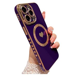 weonmov magnetic case for iphone 14 pro case for women men [ compatible with magsafe ], cute love heart soft back cover raised full camera lens protection phone case (6.1") - purple