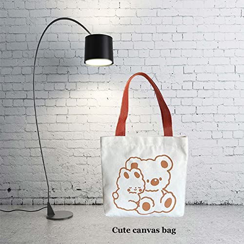 Women Beige Tote Bag with Bear Pattern, Canvas Shoulder Bag, Stylish Hobo Crossbody Handbag, Casual Economical Tote Bag, Lightweight Reusable Grocery Shopping Cloth Bag, With Zipper Closure (1 Pack)