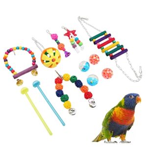 Tnfeeon Bird Swing Toy Set Bird Cage Toys Chewing Hanging Bell Bird Cage Colorful Toys with Wooden Hanging Stand Ladder for Parakeet Cockatiel