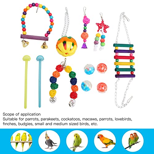 Tnfeeon Bird Swing Toy Set Bird Cage Toys Chewing Hanging Bell Bird Cage Colorful Toys with Wooden Hanging Stand Ladder for Parakeet Cockatiel