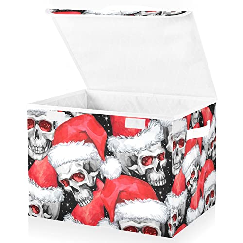 innewgogo Skulls in Santa Hat Storage Bins with Lids for Organizing Closet Organizers with Handles Oxford Cloth Storage Cube Box for Toys