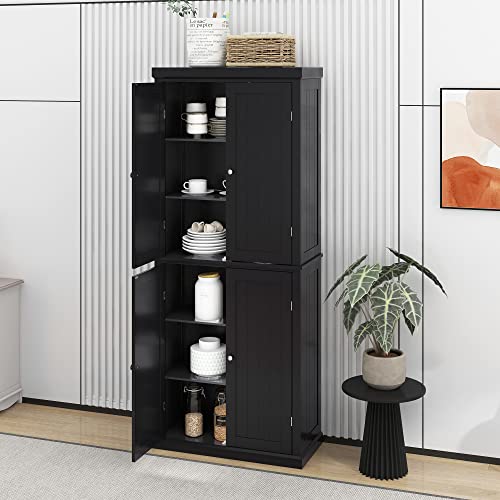 P PURLOVE 72.4" H Kitchen Pantry Cabinet with 4 Doors and Adjustable Shelves, Freestanding Tall Kitchen Pantry with 6-Tier Storage Space (Black)