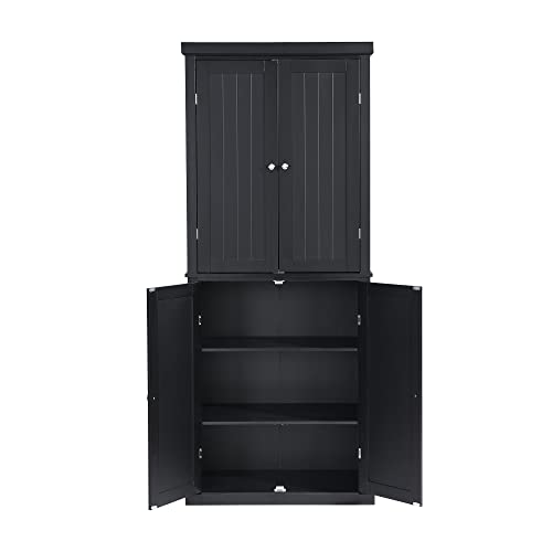 P PURLOVE 72.4" H Kitchen Pantry Cabinet with 4 Doors and Adjustable Shelves, Freestanding Tall Kitchen Pantry with 6-Tier Storage Space (Black)