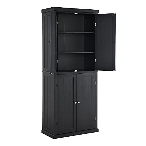 P PURLOVE 72.4" H Kitchen Pantry Cabinet with 4 Doors and Adjustable Shelves, Freestanding Tall Kitchen Pantry with 6-Tier Storage Space (Black)