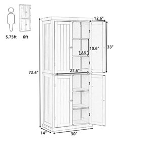 P PURLOVE 72.4" H Kitchen Pantry Cabinet with 4 Doors and Adjustable Shelves, Freestanding Tall Kitchen Pantry with 6-Tier Storage Space (Black)