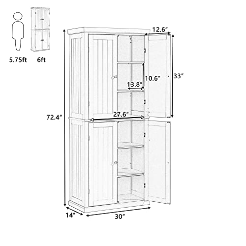 P PURLOVE 72.4" H Kitchen Pantry Cabinet with 4 Doors and Adjustable Shelves, Freestanding Tall Kitchen Pantry with 6-Tier Storage Space (Black)