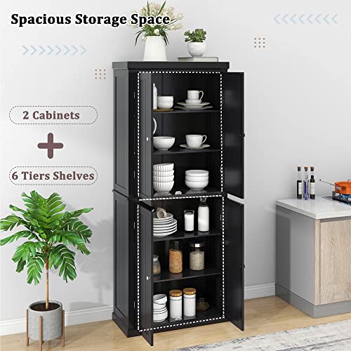 P PURLOVE 72.4" H Kitchen Pantry Cabinet with 4 Doors and Adjustable Shelves, Freestanding Tall Kitchen Pantry with 6-Tier Storage Space (Black)