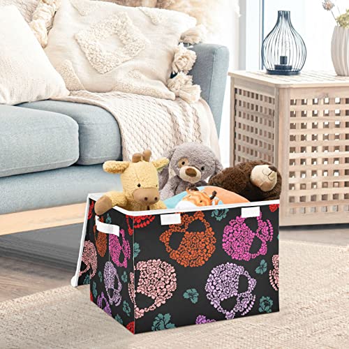 innewgogo Flower Skull Storage Bins with Lids for Organizing Closet Organizers with Handles Oxford Cloth Storage Cube Box for Car