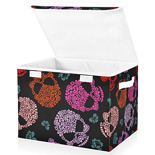 innewgogo Flower Skull Storage Bins with Lids for Organizing Closet Organizers with Handles Oxford Cloth Storage Cube Box for Car