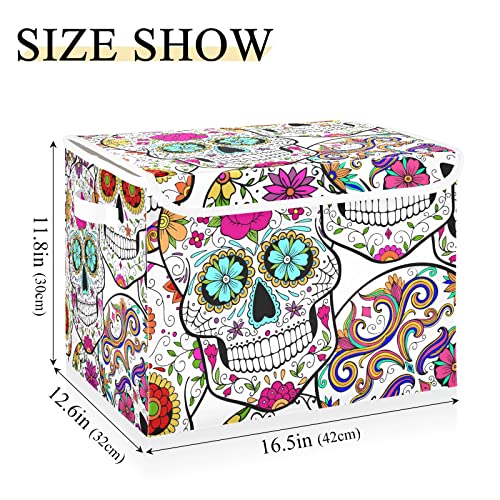 innewgogo Day Of The Dead Sugar Skulls Storage Bins with Lids for Organizing Closet Organizers with Handles Oxford Cloth Storage Cube Box for Room