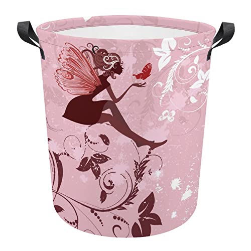 HoaMoya Collapsible Pink Fairy Laundry Basket Magic Girl Freestanding Laundry Hamper With Handles Large Waterproof Cloth Toy Storage Bin for Household Bedroom Bathroom