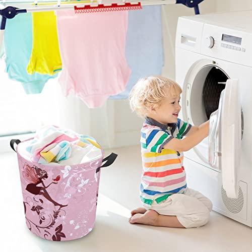 HoaMoya Collapsible Pink Fairy Laundry Basket Magic Girl Freestanding Laundry Hamper With Handles Large Waterproof Cloth Toy Storage Bin for Household Bedroom Bathroom