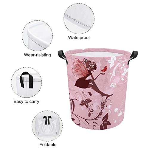 HoaMoya Collapsible Pink Fairy Laundry Basket Magic Girl Freestanding Laundry Hamper With Handles Large Waterproof Cloth Toy Storage Bin for Household Bedroom Bathroom