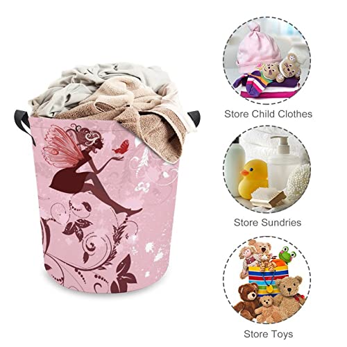 HoaMoya Collapsible Pink Fairy Laundry Basket Magic Girl Freestanding Laundry Hamper With Handles Large Waterproof Cloth Toy Storage Bin for Household Bedroom Bathroom