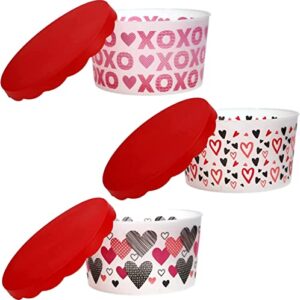 gs valentines plastic tubs with scallop lids, round food container for cookies candies gift canister & party favor home kitchen valentines day decoration set of 2 with hfw bonus gift (designs vary)