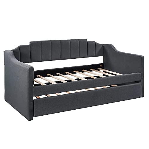 Flieks Upholstered Daybed with Trundle, Solid Wood Sofa Bed Frame, Swooping Arms and Curved Back Design, No Box Spring Needed, Black