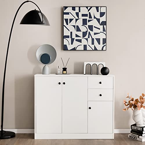 LOKO Modern White Buffet Cabinet, Kitchen Storage Cabinet with 2 Drawers, 3-Door Cabinets & Adjustable Shelf, Pantry Cupboard Sideboard for Varied Scenes, 42 x 13.5 x 33.5 inches