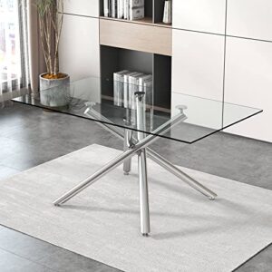 63 inch glass dining table for 6, silver legs rectangular glass kitchen table, glass top dining table for 4-6 persons table furniture for home office kitchen dining room