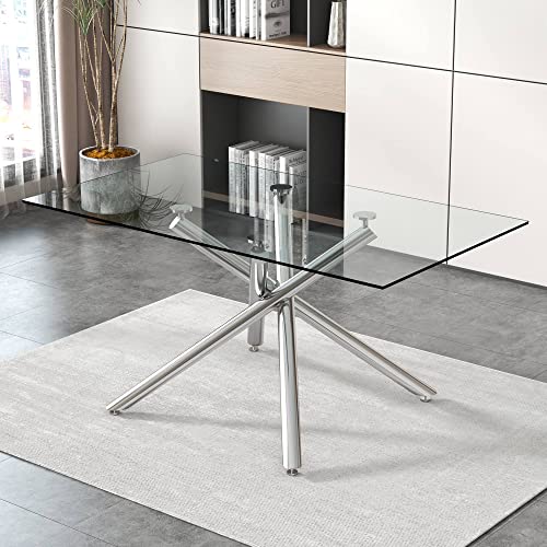 63 inch Glass Dining Table for 6, Silver Legs Rectangular Glass Kitchen Table, Glass Top Dining Table for 4-6 Persons Table Furniture for Home Office Kitchen Dining Room