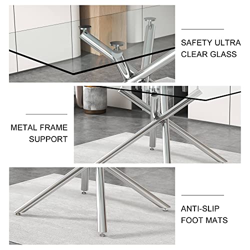 63 inch Glass Dining Table for 6, Silver Legs Rectangular Glass Kitchen Table, Glass Top Dining Table for 4-6 Persons Table Furniture for Home Office Kitchen Dining Room