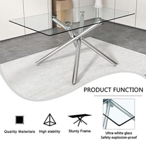 63 inch Glass Dining Table for 6, Silver Legs Rectangular Glass Kitchen Table, Glass Top Dining Table for 4-6 Persons Table Furniture for Home Office Kitchen Dining Room