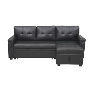 Naomi Home Jenny Sectional Sleeper Sofa - Elegant L-Shaped Couch Convertible Pull-Out Bed, Ample Storage, Timeless Design, Sturdy Construction, Long-Lasting for Modern Living, Air Leather, Black