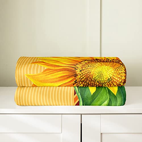 Erosebridal Sunflowers Throw Blanket Yellow Floral Flannel Blanket Twin Size Stripes Fleece Blanket Geometric Stripes Dots Botanical Plush Bed Blanket Cabin Bedroom Decor All Season,Yellow Blue Brown