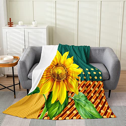 Erosebridal Sunflowers Throw Blanket Yellow Floral Flannel Blanket Twin Size Stripes Fleece Blanket Geometric Stripes Dots Botanical Plush Bed Blanket Cabin Bedroom Decor All Season,Yellow Blue Brown