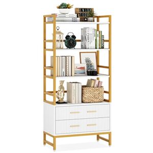 Tribesigns Gold White Bookshelf with 2 Drawers Striped, Tall Ladder Shelf Bookcase with Storage, Modern Bookcases and Book Shelves 4 Shelf Organizer, Metal Wood Book Shelving Unit for Bedroom, Office