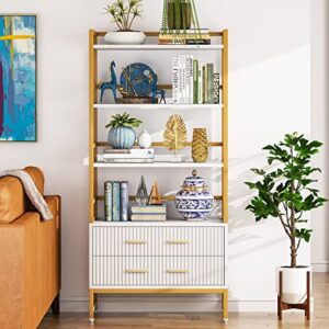 tribesigns gold white bookshelf with 2 drawers striped, tall ladder shelf bookcase with storage, modern bookcases and book shelves 4 shelf organizer, metal wood book shelving unit for bedroom, office