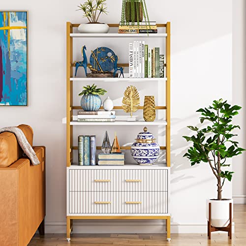 Tribesigns Gold White Bookshelf with 2 Drawers Striped, Tall Ladder Shelf Bookcase with Storage, Modern Bookcases and Book Shelves 4 Shelf Organizer, Metal Wood Book Shelving Unit for Bedroom, Office