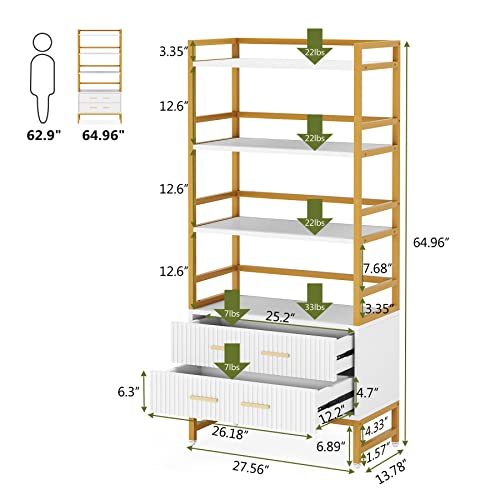 Tribesigns Gold White Bookshelf with 2 Drawers Striped, Tall Ladder Shelf Bookcase with Storage, Modern Bookcases and Book Shelves 4 Shelf Organizer, Metal Wood Book Shelving Unit for Bedroom, Office