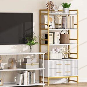 Tribesigns Gold White Bookshelf with 2 Drawers Striped, Tall Ladder Shelf Bookcase with Storage, Modern Bookcases and Book Shelves 4 Shelf Organizer, Metal Wood Book Shelving Unit for Bedroom, Office