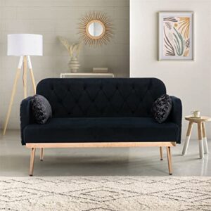 modern velvet accent sofa, 55" upholstered loveseat sofa couch with button tufted backrest, loveseat accent sofa with elegant pillows and golden metal legs for living room bedroom office, black