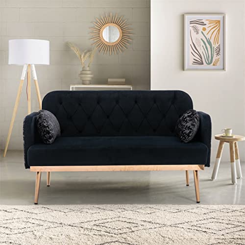 Modern Velvet Accent Sofa, 55" Upholstered Loveseat Sofa Couch with Button Tufted Backrest, Loveseat Accent Sofa with Elegant Pillows and Golden Metal Legs for Living Room Bedroom Office, Black