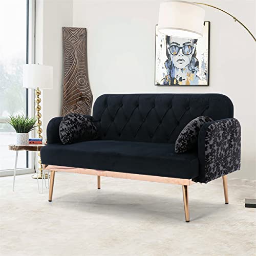 Modern Velvet Accent Sofa, 55" Upholstered Loveseat Sofa Couch with Button Tufted Backrest, Loveseat Accent Sofa with Elegant Pillows and Golden Metal Legs for Living Room Bedroom Office, Black