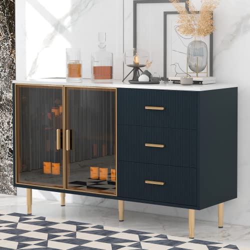 RuiSiSi Modern Sideboard Cabinet Accent Buffet Storage Glass Doors Sideboard Cabinet Marble Top with Gold Metal Legs Buffet Storage Cabinet Console Table Kitchen, Navy Blue