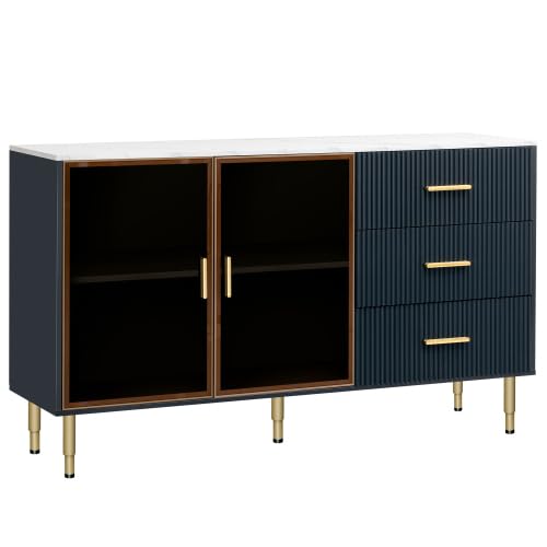 RuiSiSi Modern Sideboard Cabinet Accent Buffet Storage Glass Doors Sideboard Cabinet Marble Top with Gold Metal Legs Buffet Storage Cabinet Console Table Kitchen, Navy Blue