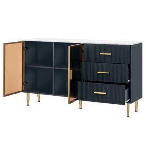 RuiSiSi Modern Sideboard Cabinet Accent Buffet Storage Glass Doors Sideboard Cabinet Marble Top with Gold Metal Legs Buffet Storage Cabinet Console Table Kitchen, Navy Blue