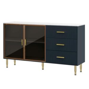 RuiSiSi Modern Sideboard Cabinet Accent Buffet Storage Glass Doors Sideboard Cabinet Marble Top with Gold Metal Legs Buffet Storage Cabinet Console Table Kitchen, Navy Blue