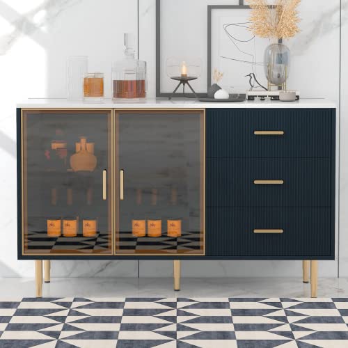 RuiSiSi Modern Sideboard Cabinet Accent Buffet Storage Glass Doors Sideboard Cabinet Marble Top with Gold Metal Legs Buffet Storage Cabinet Console Table Kitchen, Navy Blue