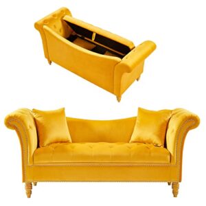 betoko velvet loveseat sofas couches with storage seat flared rolled arm 2 seater sofa for living room bedroom button tufted small couch with solid wood legs (yellow)