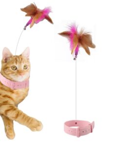 kotya cat teasing wand silicone collar hands free toy with bell and feathers (flamingo pink)